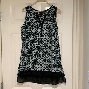 White House Black Market, sleeveless long blouse. Green and black